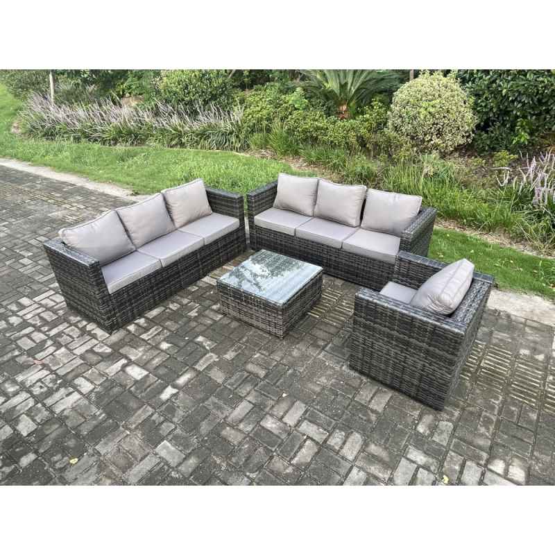 Fimous Rattan Garden Furniture Sofa Set with Armchair Square Coffee Table Indoor Outdoor 7 Seater Rattan Set Dark Grey Mixed