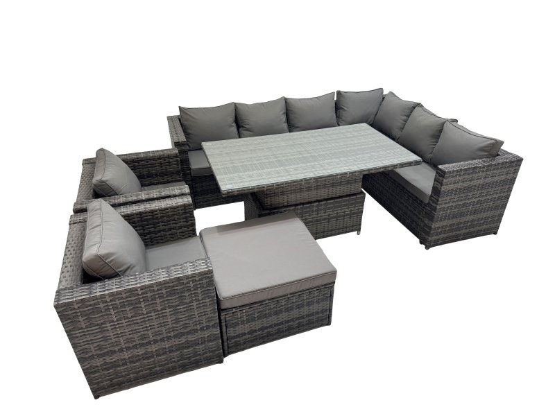 Fimous 9 Seater Rattan Height Adjustable Rising Lifting Table Corner Sofa Sets with 2 Chairs Big Stool Dark Grey Mixed
