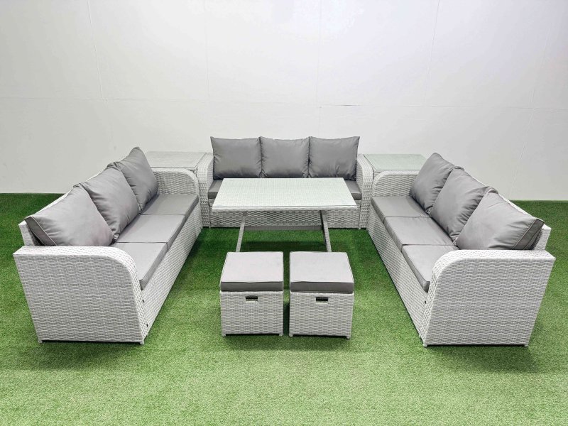 Fimous 11 Seat Outdoor PE Rattan Garden Furniture with Cushions 3 Seater Sofa 2 Side Tables 2 Small Stools Light Grey