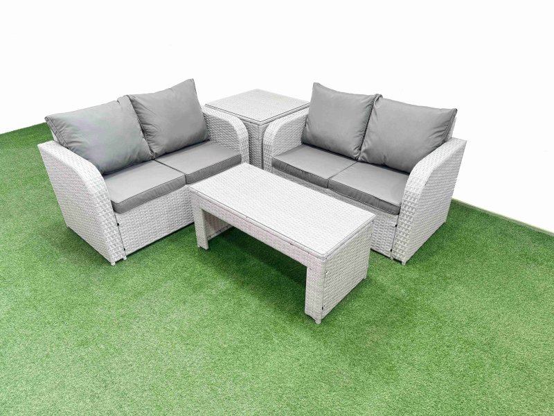 Fimous 4 Seater Outdoor Love Sofa Set Rattan Garden Furniture Set with Oblong Coffee Table Side Table Light Grey