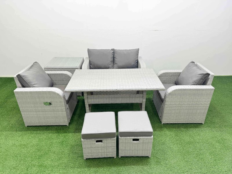 Fimous Light Grey PE Wicker Rattan Garden Furniture Set Sofa Set Reclining Chair Rectangular Dining Table 6 Seater 2 Small Stools Side Table