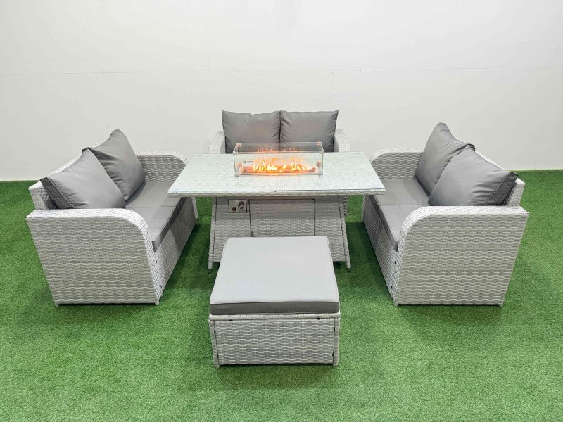 Fimous 7 Seater PE Wicker Rattan Furniture Sofa Sets with Firepit Dining Table 2 Seater Love Sofa Big Footstool Light Grey