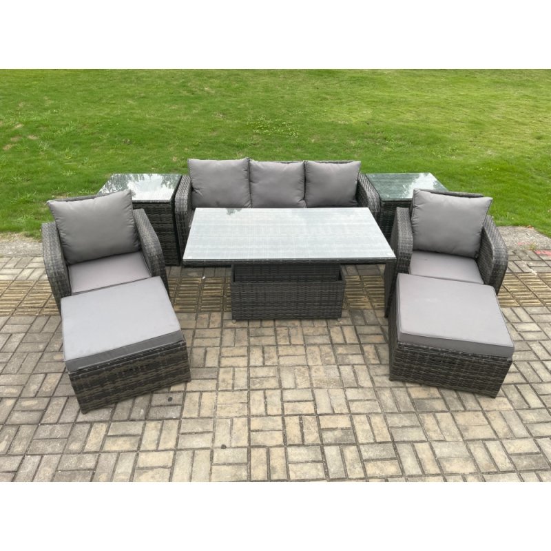 Fimous Outdoor Rattan Furniture Sofa Garden Dining Sets Height Adjustable Rising lifting Table and Chair Set With 2 Side Tables 2 Big Footstools