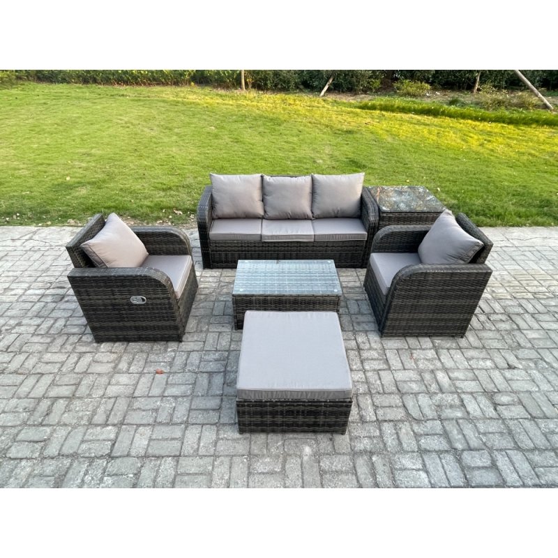 Fimous Outdoor Rattan Garden Furniture Set 6 Seater Patio Lounge Sofa Set with Reclining Chair Rectangular Coffee Table Big Footstool Side Table Dark Grey Mixed