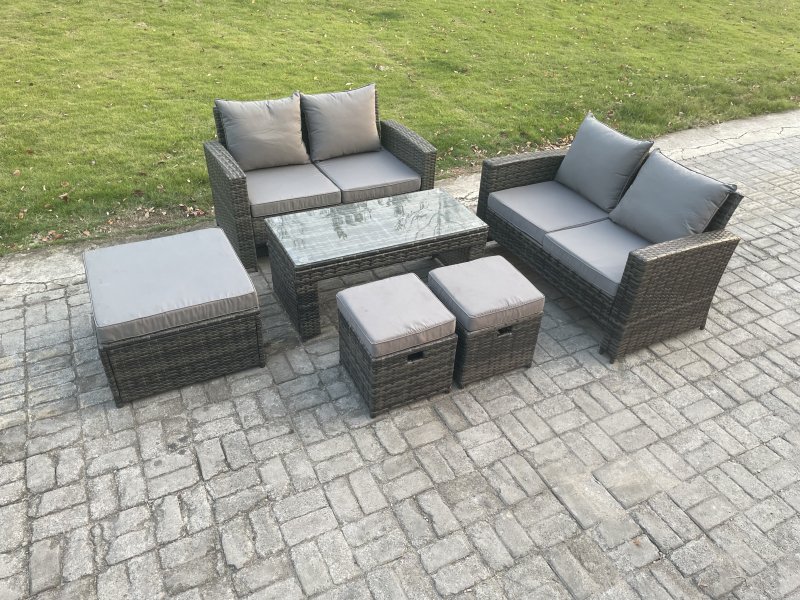 Fimous 7 Seater High Back Rattan Garden Furniture Sofa Sets with Rectangular Coffee Table 3 Footstools Loveseat Sofa Dark Grey Mixed