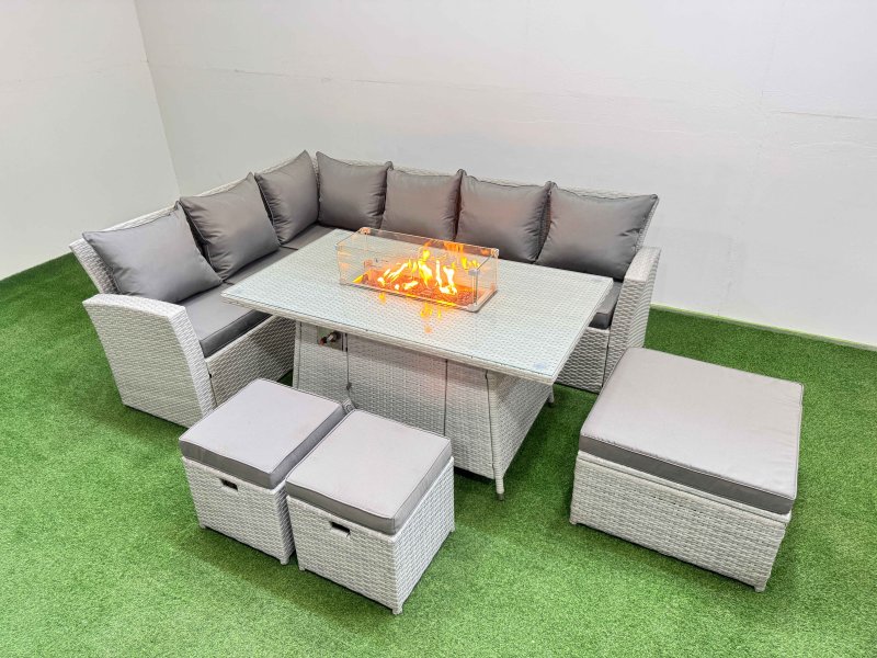 Fimous 9 Seat Rattan Garden Furniture Corner Sofa Set Outdoor Gas Fire Pit Table Sets with 3 Footstools Light Grey
