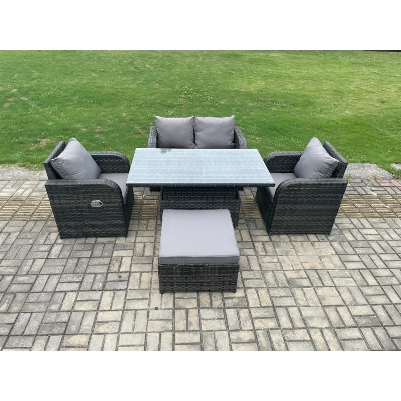 Fimous PE Rattan Outdoor Garden Furniture Set Height Adjustable Rising lifting Dining Table With Love Sofa Chair Big Footstool