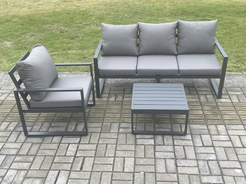 Fimous Aluminium Outdoor Garden Furniture Set Lounge Sofa Chairs Square Coffee Table Sets Conservatory Set Dark Grey