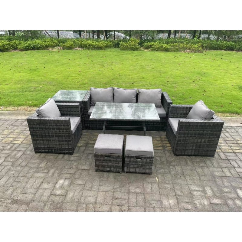 Fimous 7 Seater Rattan Outdoor Furniture Garden Dining Set with Lounge Sofa Dining Table 2 Armchairs Small Stools Dark Grey Mixed