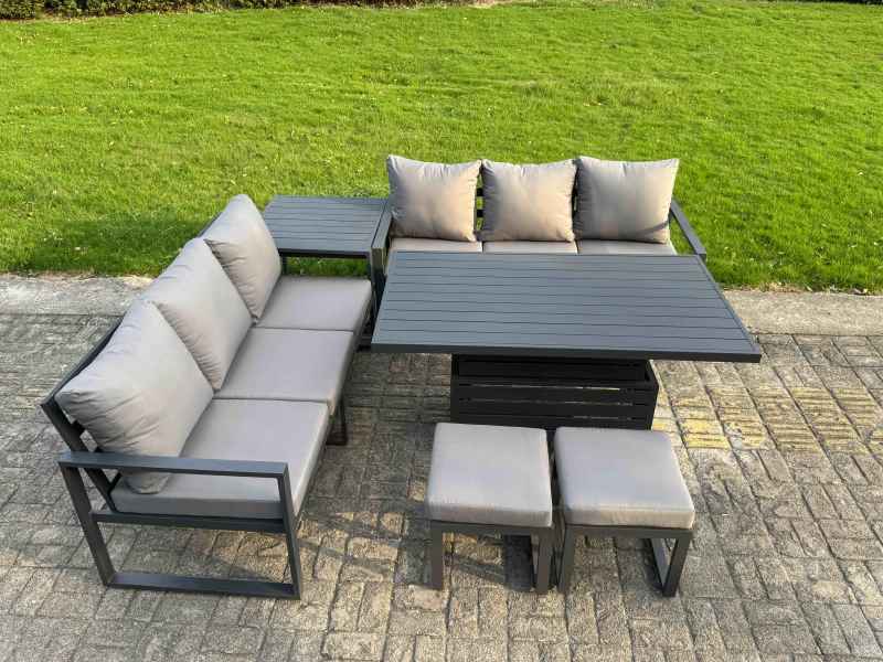 Fimous 5 Pieces Garden Furniture Set Aluminium Adjustable Rising Lifting Dining Table and Sofa Set with 2 Small Footstools Dark Grey