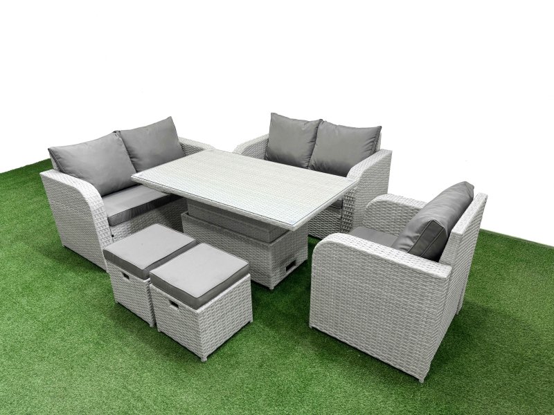 Fimous High Back Poly Rattan Garden Furniture Set with Reclining Chair Loveseat Sofa Adjustable Lifting Dining or Coffee Table Indoor Outdoor Patio Set 2 Stool Light Grey