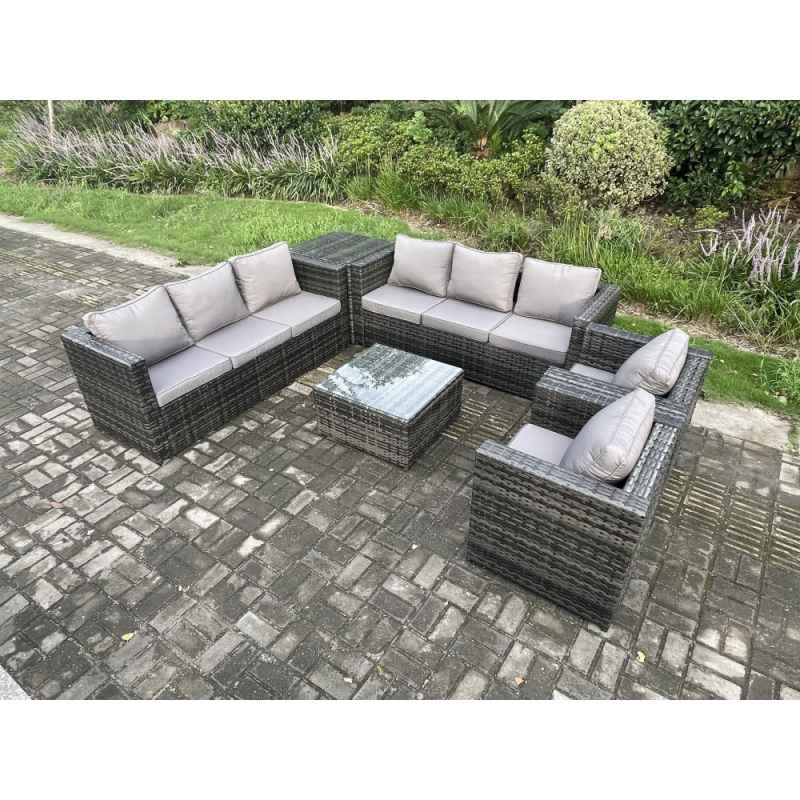 Fimous 8 Seater Rattan Garden Furniture Set Patio Outdoor Lounge Sofa Set with 2 Armchairs Side Table Square Coffee Table Dark Grey Mixed