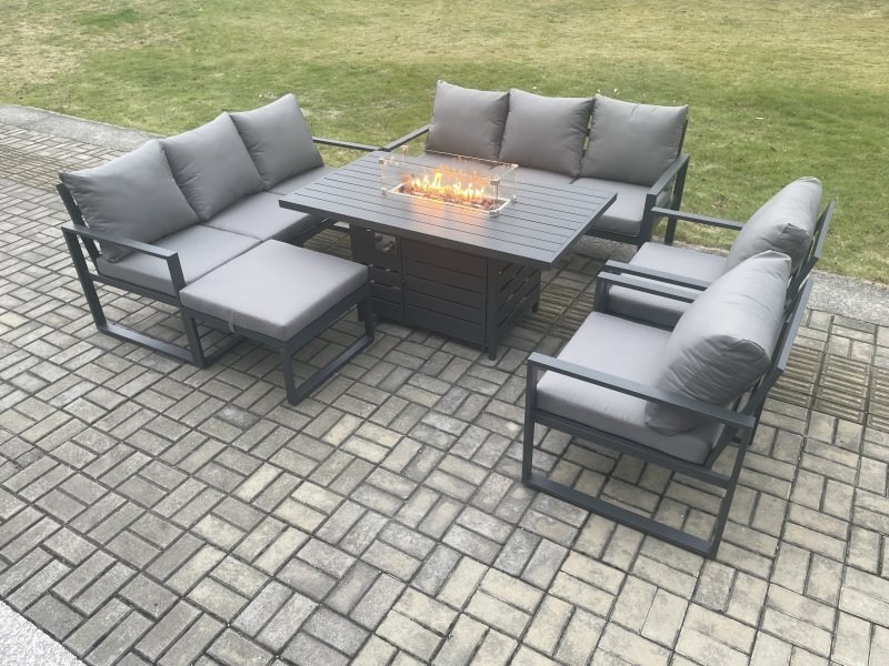 Fimous Aluminium Outdoor Garden Furniture Set Patio Lounge Sofa Gas Fire Pit Dining Table Set with Big Footstool Dark Grey
