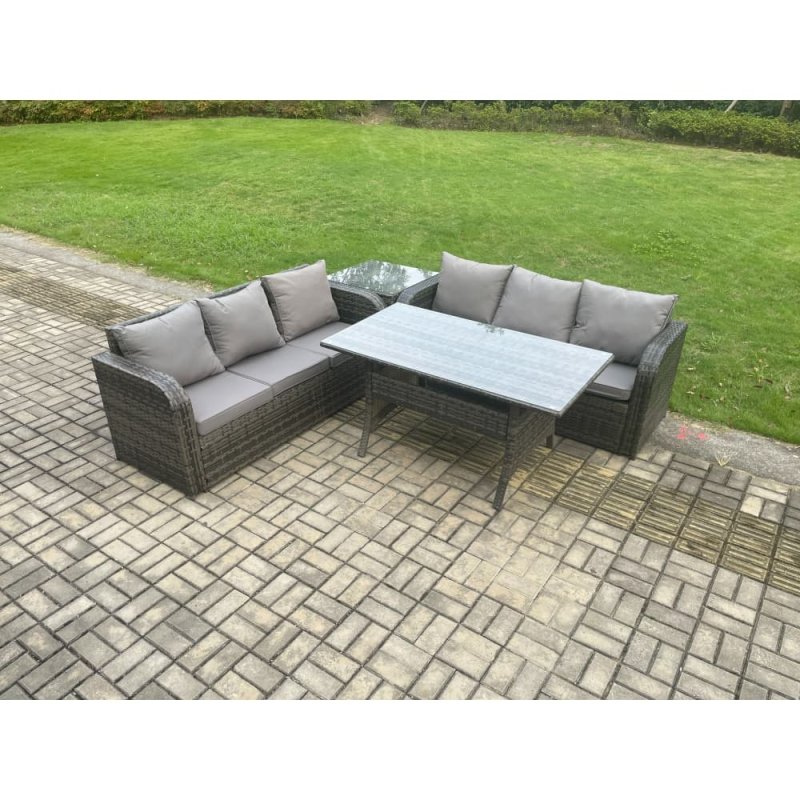 Fimous Rattan Garden Furniture Set with Oblong Rectangular Dining Table 4 Pieces Outdoor Lounge Sofa Set Dark Grey Mixed