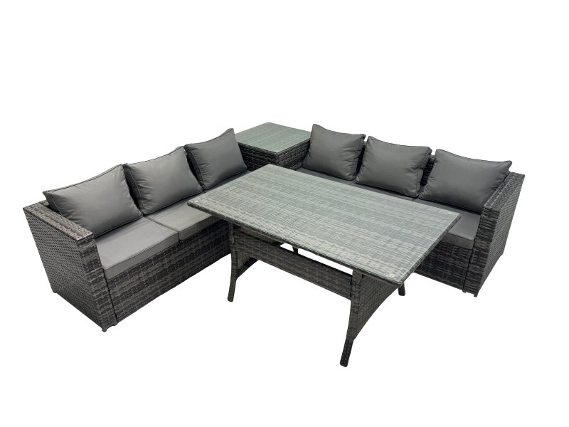 Fimous 6 Seater Outdoor Corner Sofa Dining Table Set Garden Rattan Furniture Set with Side Table Dark Grey
