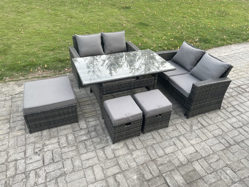Fimous 7 Seater High Back Outdoor Garden Furniture Rattan Sofa Dining Table Set with 3 Footstools Dark Grey Mixed