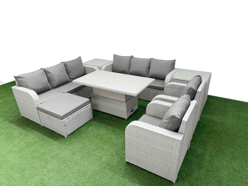 Fimous PE Rattan High Back Lounge Sofa Set Patio Adjustable Lifting Dining or Coffee Table & Chairs Set with 3 Seater Sofa Reclining Chair Big Footstool 2 Side Table Light Grey