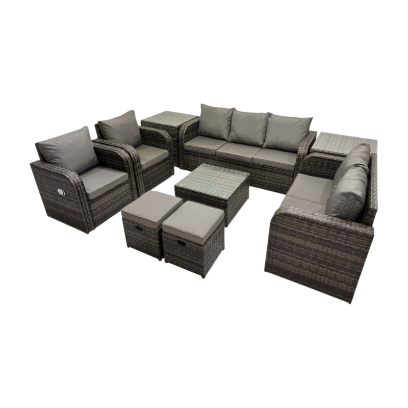 Fimous 3 Seater Sofa Reclining Chair Coffee Table Set Rattan Garden Outdoor Furniture Set with 2 Side Tables 2 Small Stool Dark Grey Mixed