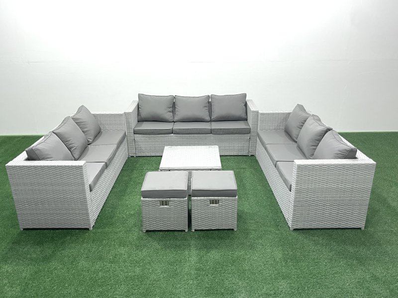 Fimous Rattan Garden Outdoor Furniture Set 11 Seater Rattan Garden Sofa Set with 2 Small Footstools Light Grey Mixed