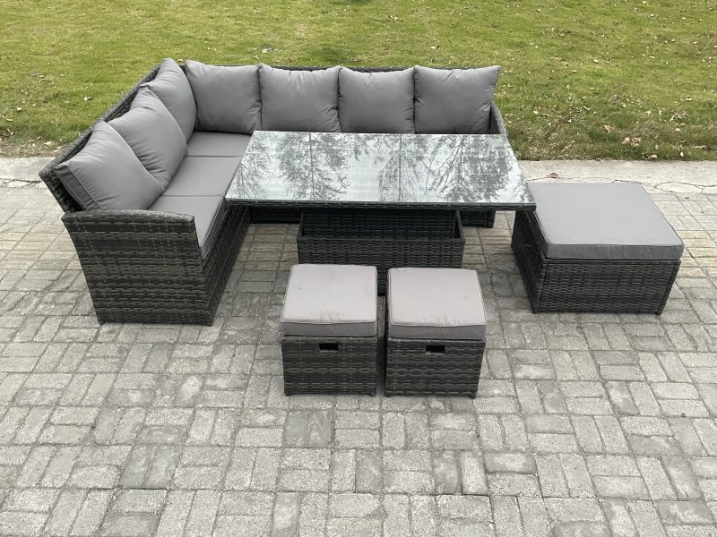Fimous Wicker PE Outdoor Rattan Garden Furniture Set Height Adjustable Rising Lifting Table Sofa Dining Set with 3 Footstools Dark Grey Mixed