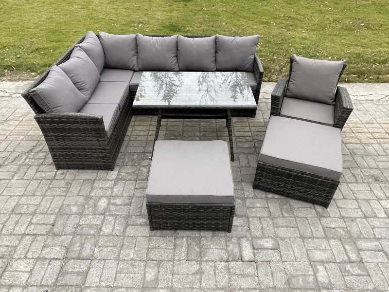 Fimous Rattan Garden Furniture Corner Sofa Set with Oblong Dining Table 2 Big Footstool Armchair Outdoor Wicker Rattan Set Dark Grey Mixed