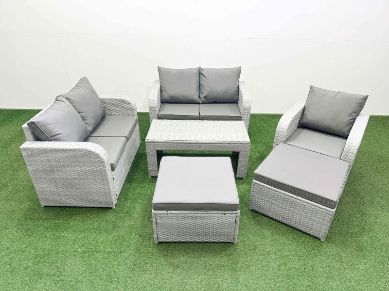 Fimous High Back Poly Rattan Garden Furniture Set with Reclining Chair Loveseat Sofa Oblong Coffee Table Indoor Outdoor Patio Set 2 Big Stool Light Grey