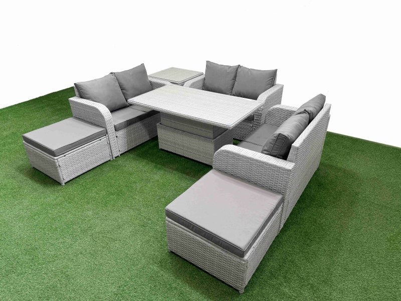 Fimous 8 Seater PE Wicker Rattan Furniture Sofa Sets with Adjustable Lifting Dining or Coffee Table 2 Seater Love Sofa 2 Big Footstool Side Table Light Grey