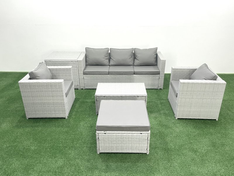 Fimous Rattan Garden Furniture Set with 3 Seater Sofa 2 Chair Rectangular Coffee Table Big Footstool Side Table Light Grey Mixed 6 Seater