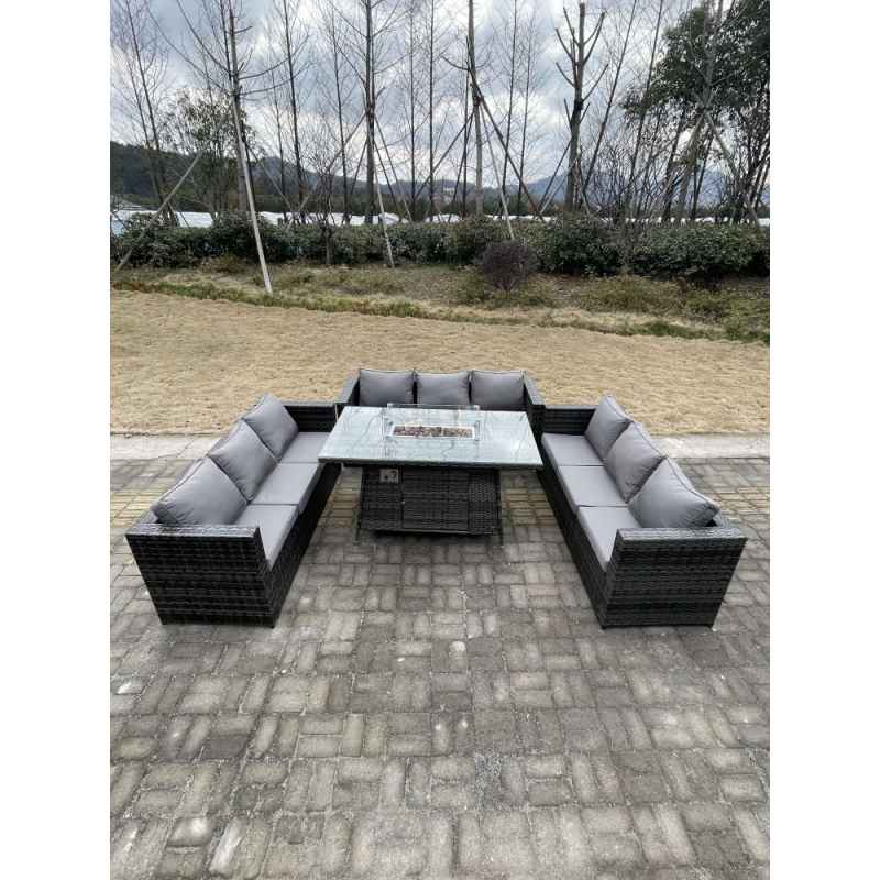 Fimous 9 Seater?U Shape Outdoor Lounge Rattan Sofa Set Garden Furniture Gas Firepit Set Dining Table Dark Grey Mixed