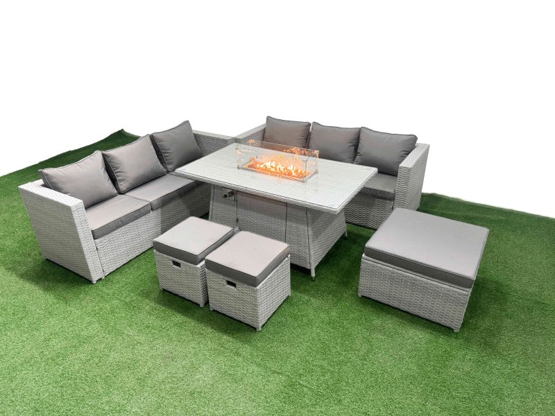 Fimous 9 Seat PE Rattan Lounge Sofa Set Outdoor Garden Furniture Set with Firepit Dining Table 3 Seater Sofa 3 Stools Light Grey