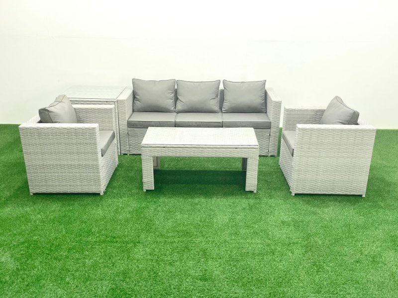 Fimous Rattan Garden Furniture Set 5 Pieces Outdoor Garden Sofa Oblong Coffee Table Set with 2 Chairs Side Tabe Light Grey Mixed