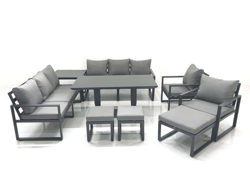 Fimous Garden Sofa Set Aluminium Furniture Rising Dining Tabe Set with 2 Chair 3 Footstools Side Table Dark Grey