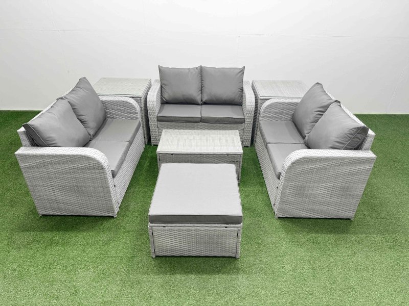Fimous 7 Seater PE Wicker Rattan Furniture Sofa Sets with Rectangular Coffee Table 2 Seater Love Sofa Big Footstool 2 Side Table Light Grey