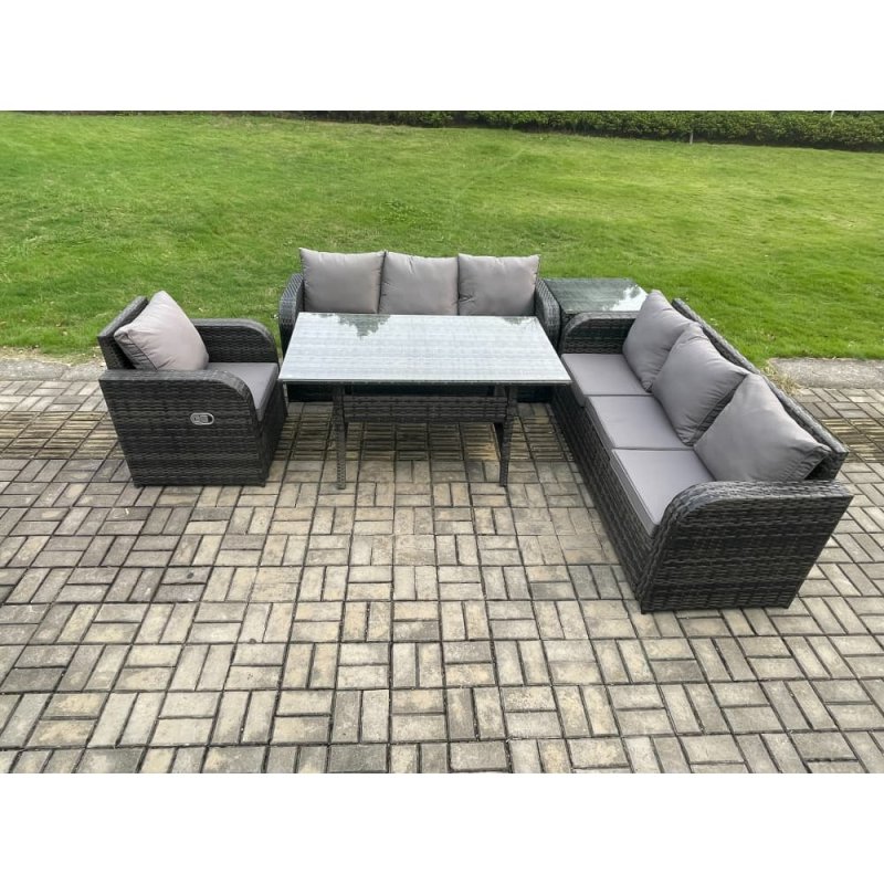 Fimous 7 Seater Rattan Garden Furniture Set Oblong Rectangular Dining Table and Chairs Set with 3 Seater Sofa Side Tables Dark Grey Mixed