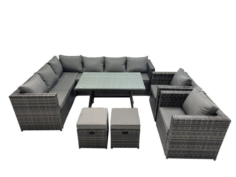 Fimous 10-seater Outdoor PE Rattan Sofa Set with Dining Table Patio Garden Furniture Sets with 2 Chair 2 Small Stools Dark Grey Mixed