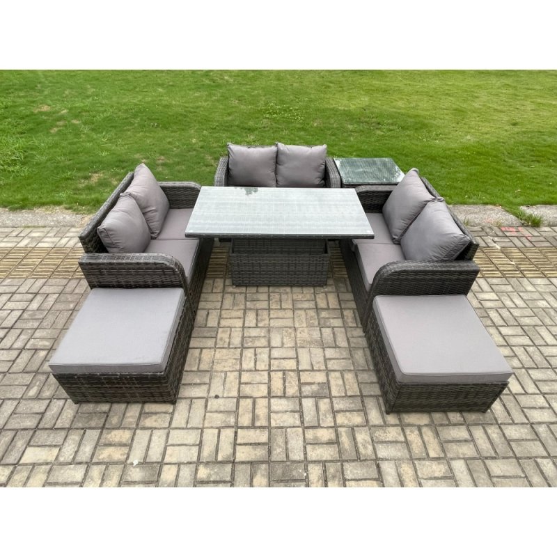 Fimous Rattan Garden Outdoor Furniture 3 PC Love Sofa Set Patio Adjustable Rising lifting Dining Table With Side Table 2 Big Footstool