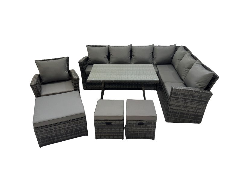 Fimous 10 Seater Garden Outdoor Rattan Furniture Set Rattan Corner Sofa Oblong Dining Table with Armchair 3 Footstools Dark Grey Mixed