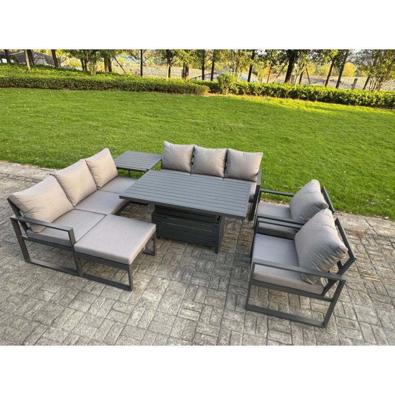 Fimous Garden Aluminium Furniture Set Dark Grey 9 Seater Outdoor Patio Adjustable Rising Lifting Dining Table with 2 Chairs Big Footstool Dark Grey