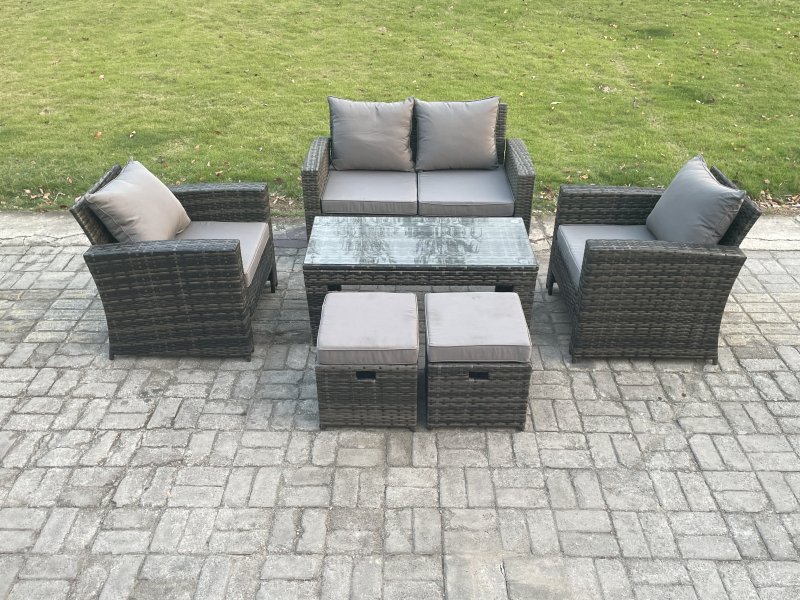 Fimous 6 Seater Outdoor Rattan Garden Furniture Set Patio Lounge Sofa Set with Coffee Table 2 Small Footstools Dark Grey Mixed