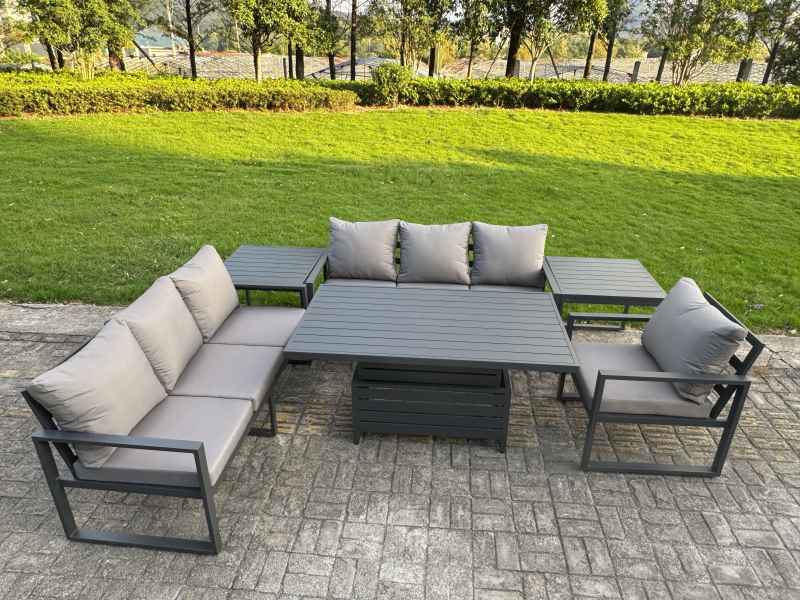 Fimous Aluminium Garden Furniture Sets,7 Seater Outdoor Sofa Dining Set with Adjustable Rising Lifting Dining Table Side Table Cushions for Yard,Poolside, Patio, Dark Grey