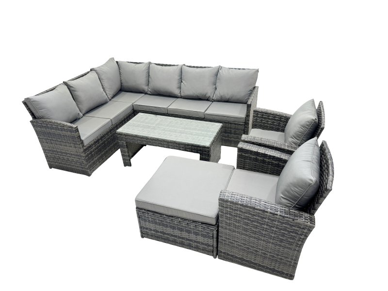 Fimous 9 Seat Poly Rattan Outdoor Patio Oblong Coffee Table Corner Sofa Set with Big Stool 2 Chairs for Garden Backyard Dark Grey Mixed