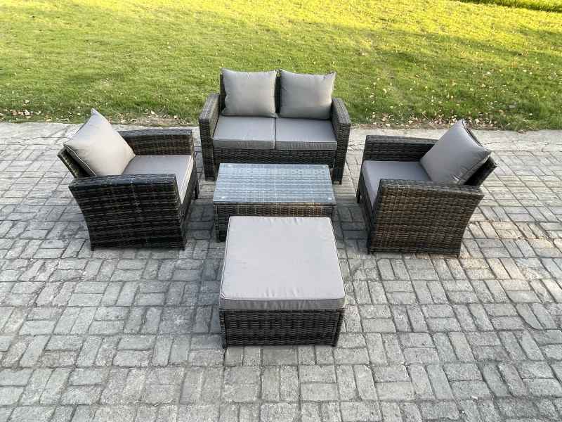 Fimous Outdoor Lounge Sofa Set Wicker PE Rattan Garden Furniture Set with Rectangular Coffee Table Double Seat Sofa Big Footstool Dark Grey Mixed