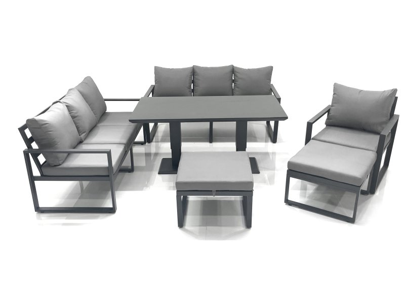 Fimous Outdoor Garden Furniture Set Aluminium Lounge Sofa Adjustable Rising Lifting Dining Table Sets with 2 Big Footstools Dark Grey