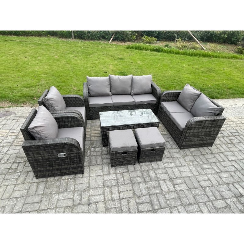 Fimous Patio Garden Furniture Sets Wicker 9 Seater Outdoor Rattan Furniture Sofa Sets with Rectangular Coffee Table Reclining Chair Love seat Sofa 2 Small Footstools