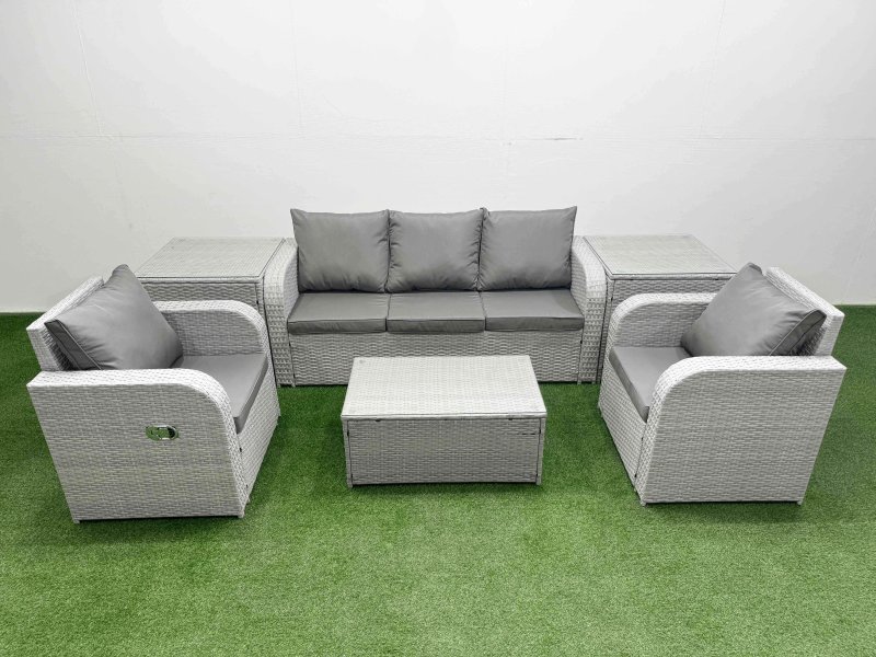 Fimous PE Rattan Garden Furniture Set Reclining Chair Sofa Lounge Sofa Set Oblong Coffee Table 2 Side Table Light Grey