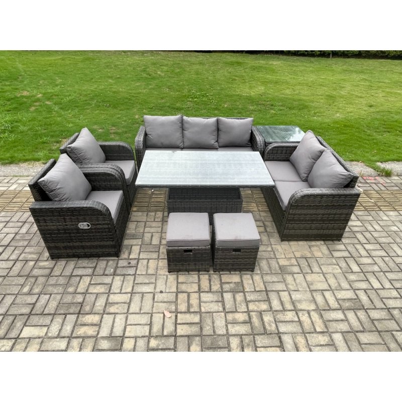 Fimous Wicker PE Rattan Outdoor Garden Furniture Sets Height Adjustable Rising lifting Dining Table Reclining Chair Sofa Set with Side Table 2 Small Footstools Dark Grey Mixed