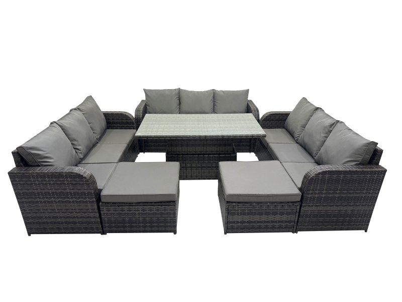 Fimous Rattan Garden Furniture Dining Set 11-seater Patio Height Adjustable Rising Lifting Table Sofa Set with 2 Big Footstools Dark Grey Mixed