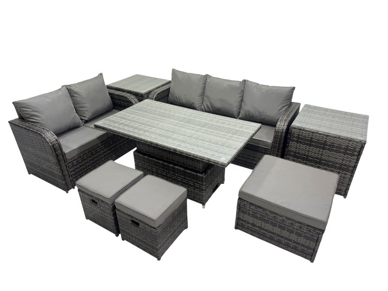 Fimous Rattan Garden Furniture Dining Set 8-seater Patio Height Adjustable Rising Lifting Table Sofa Set with 3 Footstools 2 Side Tables Dark Grey Mixed