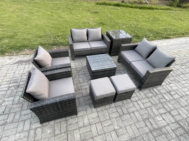 Fimous Rattan Garden Furniture Set 8 Seater Patio Outdoor Lounge Sofa Set with Square Coffee Table Double Seat Sofa Side Table 2 Small Footstools Dark Grey Mixed