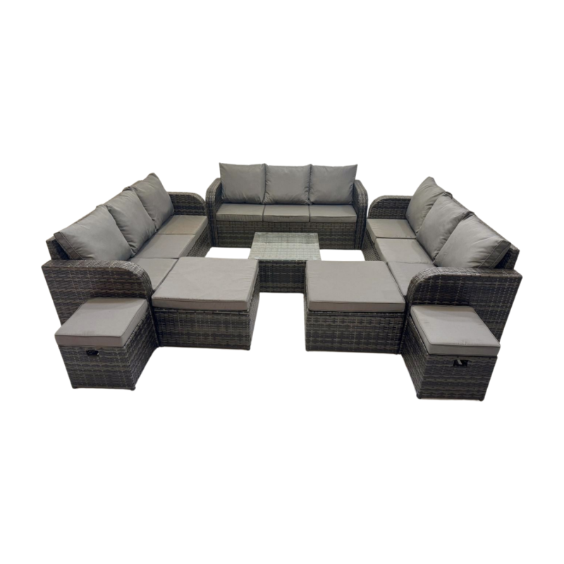 Fimous Rattan Garden Outdoor Furniture Set 3 Seater Sofa Square Coffee Table Set with 4 Stools Dark Grey Mixed